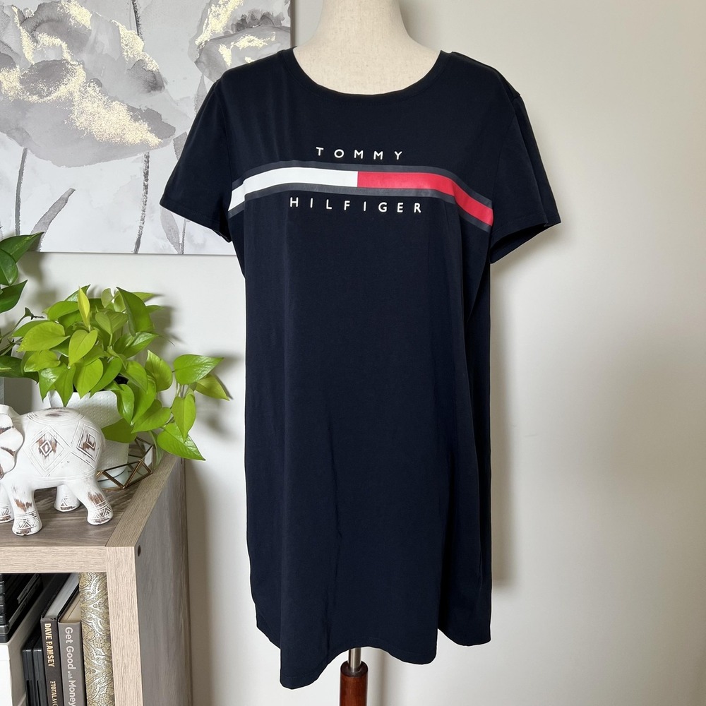 Tommy Hilfiger Dress XL Blue Stripe T-Shirt Logo Casual Jersey Mini Y2K